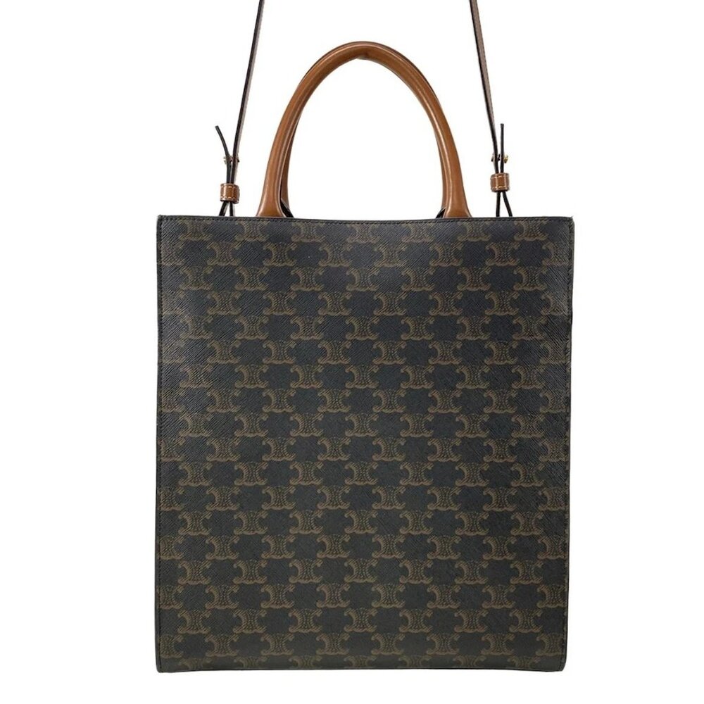 CELINE Small Vertical Cabas Tan (Dark Brown) Brown) Triomphe Canvas Calf Skin - Picture 3 of 15